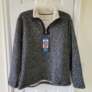 Orvis Brighton Quarter Zip Pullover  Size L Sherpa Lined Gray Marled Knit Jacket